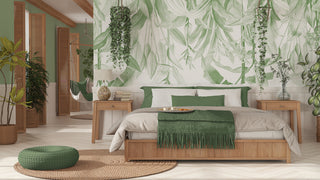Eco bedroom green tropical wallpaper wood furniture