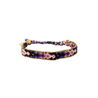 Bali Friendship Bracelet handwoven, multicolored braid - black, purple, sand, pink - brass trim