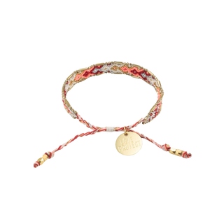 Bali Friendship Bracelet handwoven, multicolored braid - coral, ruby, silver, gold, cream - brass trim (back view)
