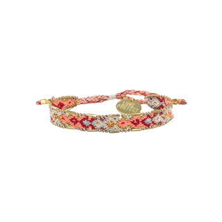 Bali Friendship Bracelet handwoven, multicolored braid - coral, ruby, silver, gold, cream - brass trim