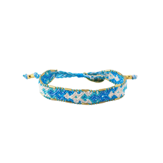 Bali Friendship Bracelet handwoven, multicolored braid- turquoise, sky blue, white - brass trim