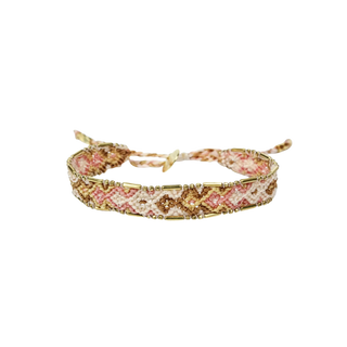 Bali Friendship Bracelet handwoven, multicolored braid- coral, sand, cream - brass trim