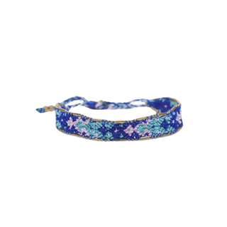 Bali Friendship Bracelet handwoven, multicolored braid- bright blue, turquoise, lavender - brass trim