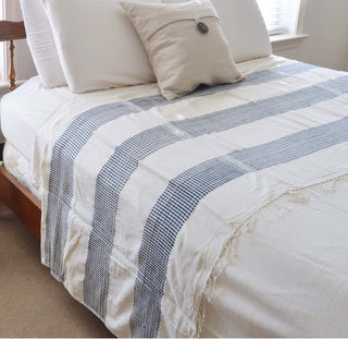 White & Blue 3 Panel Fair Trade Dotted Cotton Bed Cover (Queen) by Creative Women Handwoven Textiles