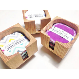 3 wooden holding cases showing how to store 2" x 2" cotton fabric facial squares that are washable and reusable
