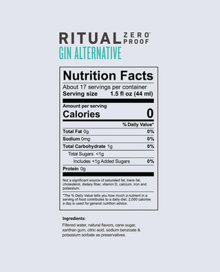 Ritual Zero Proof Gin Alternative Nutrition Facts include serving size, zero calorie count, and ingredients