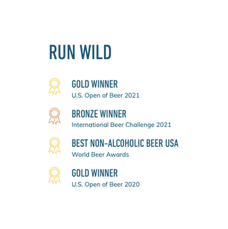 Run Wild IPA Non-Alcoholic Beer by Athletic Brewing Company - list of awards including Gold Winner U.S. Open of Beer 2021, Bronze Winner International Beer Challenge 2021, Best Non-Alcoholic Beer USA World Beer Awards, and Gold Winner U.S. Open of Beer 2020